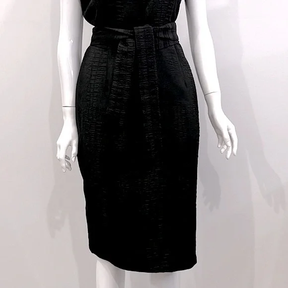 BASQUE Solid Jacquard, Black Pencil Dress. Office Wear, Midi, Tie Waistband. - Picture 6 of 7